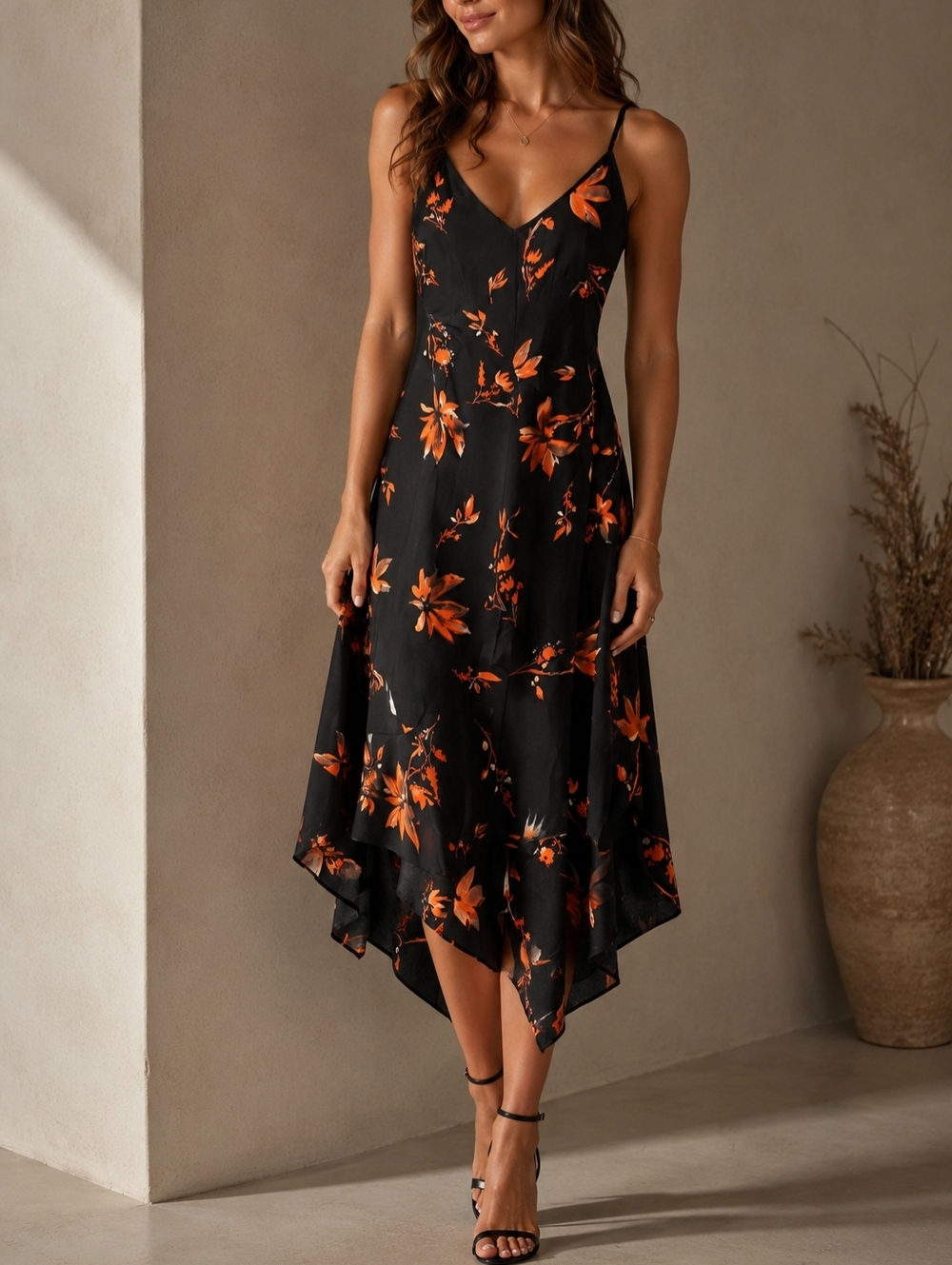 Black Asymmetrical Slip Dress with Orange Floral Accents